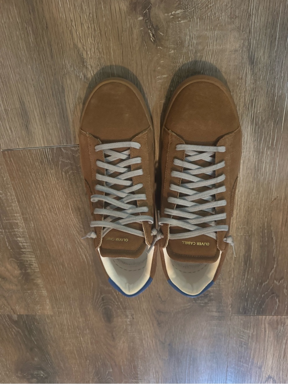 Oliver Cabell Men’s Tan Suede Low-Top Sneakers with Blue Heel Tab